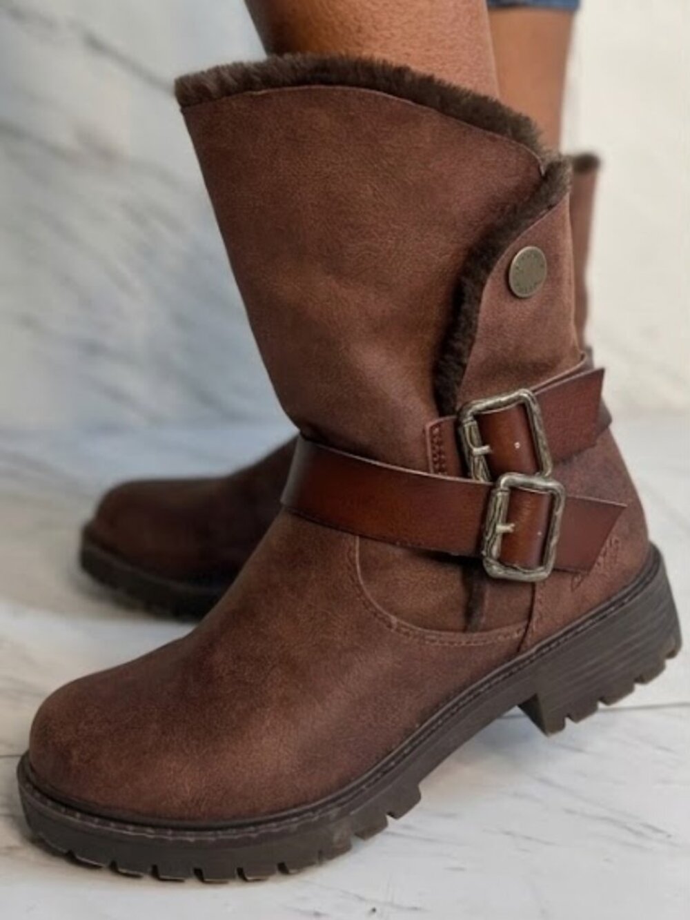 Blowfish Malibu Brown Mid Calf Faux Fur Buckle Boots Womens 7.5 Lug Sole